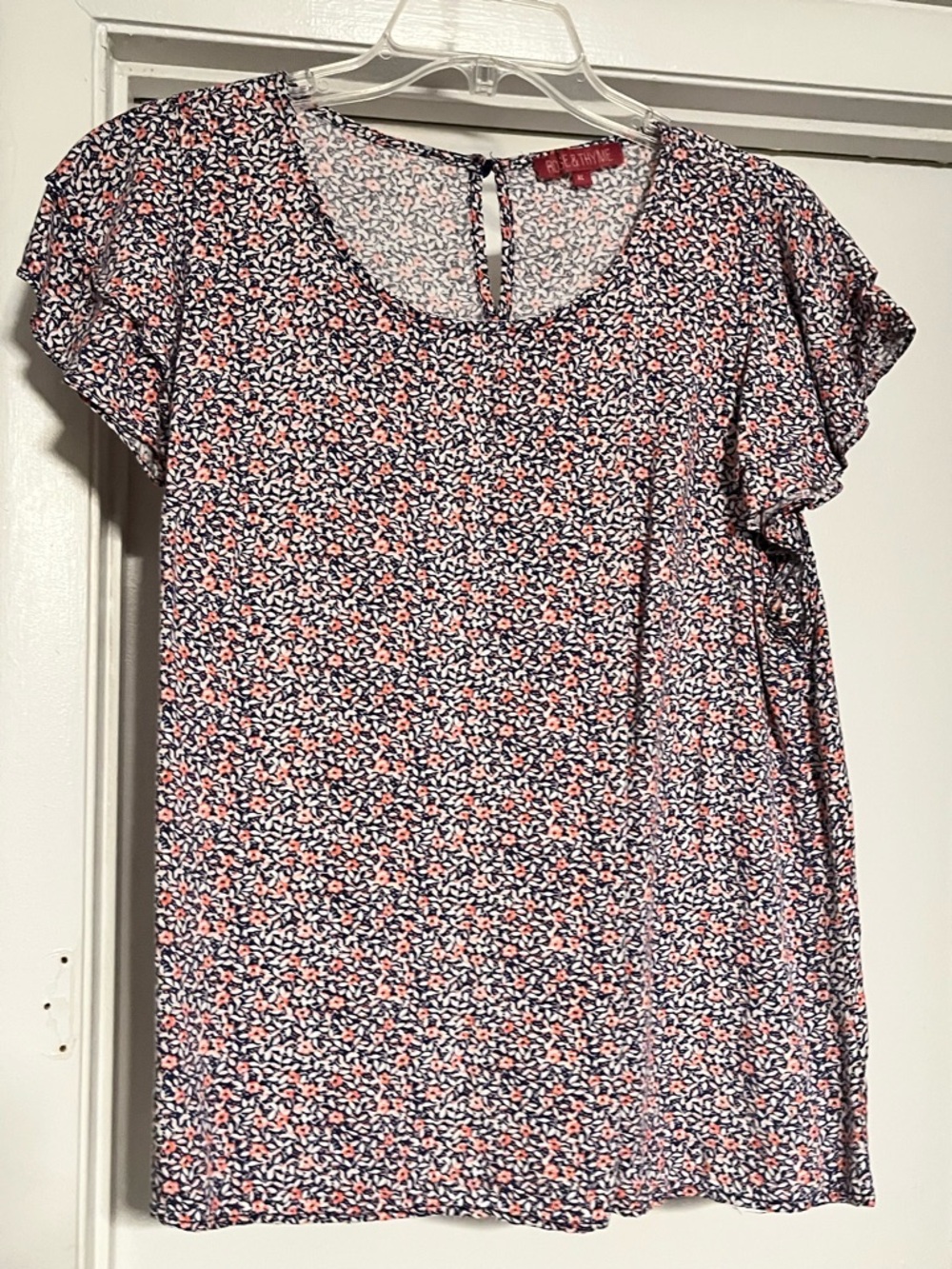 Navy and Coral Floral Scoop Neck Short Flutter Sleeve Top